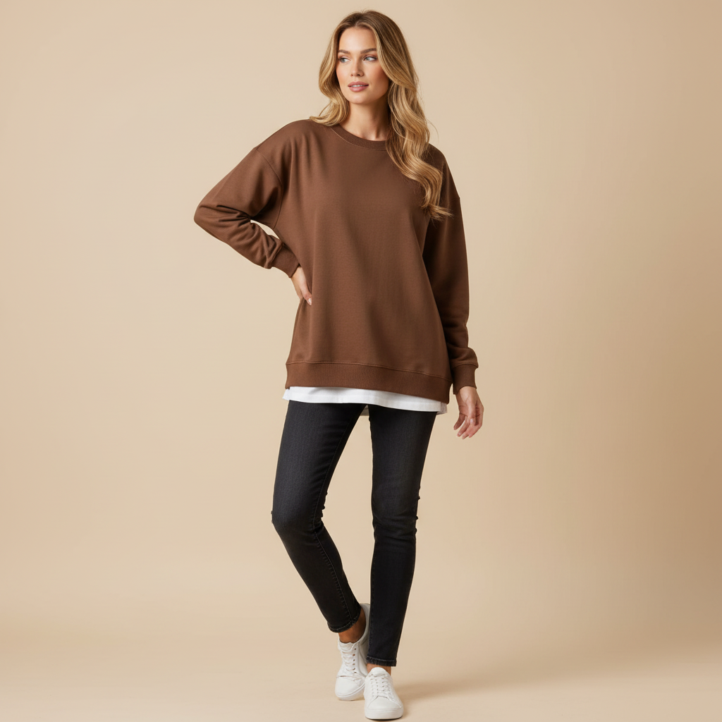Oversized Rundhals Sweatshirt Damen | Langer Ärmel Baumwollmix