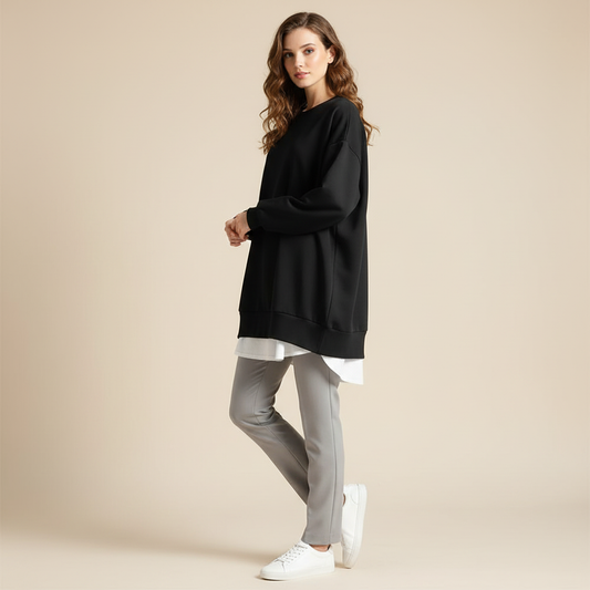 Oversized Rundhals Sweatshirt Damen | Langer Ärmel Baumwollmix